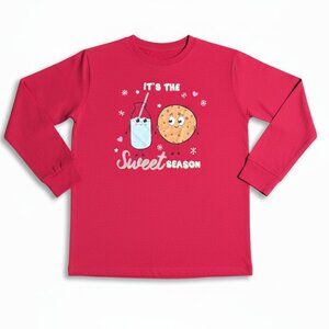 BCG Girls Milk & Cookies Holiday Graphic T Shirt Red Long Sleeves Crew Neck NEW